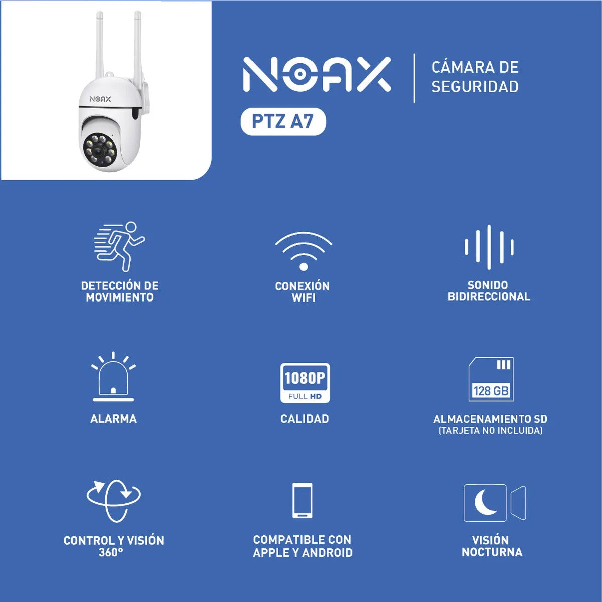 Cámara De Seguridad Wifi Inalámbrica Interior Noax Ptz A7 Color Blanco