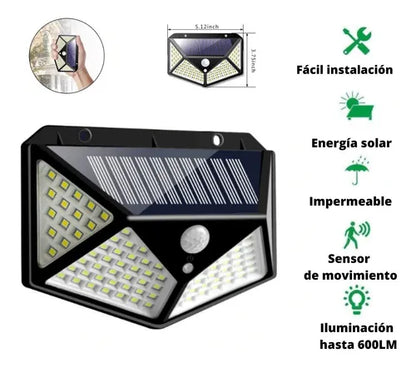 Aplique Reflector Led Panel Solar 100 Leds con Sensor de Movimiento