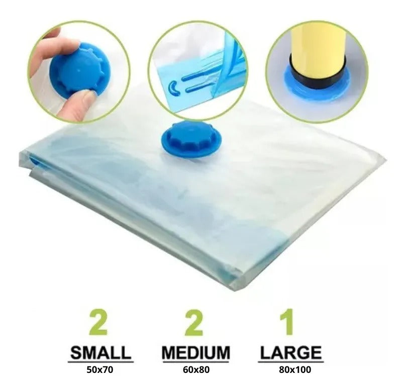 Set X5 Bolsas Valija Vacio Ropa Acolchado Viaje + Aspi Bomba