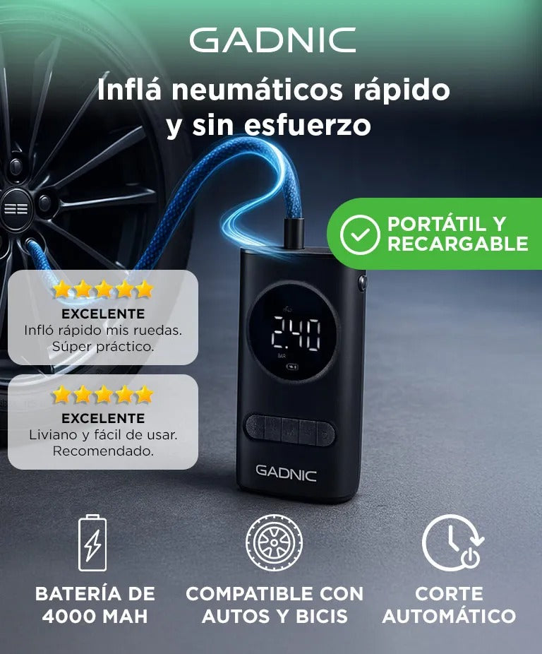 Compresor de Aire Portátil Gadnic In305 150 PSI Inalámbrico Recargable Pantalla Digital + Boquillas Incluidas