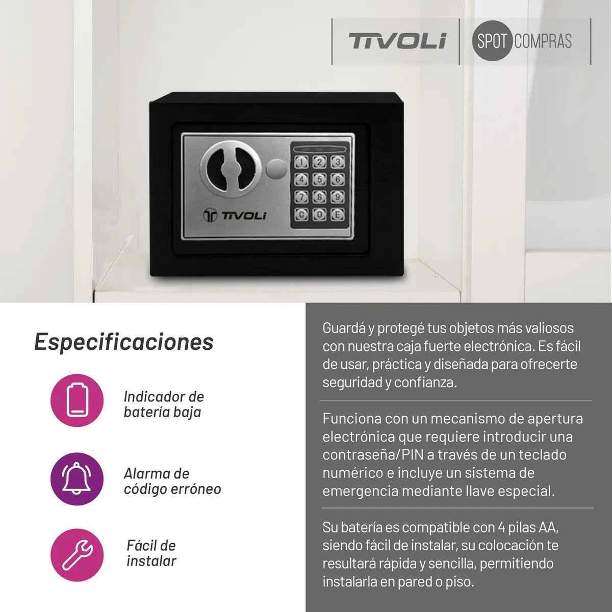 Caja Fuerte Electrónica De Seguridad Tivoli Acero Inoxidable Color Negro