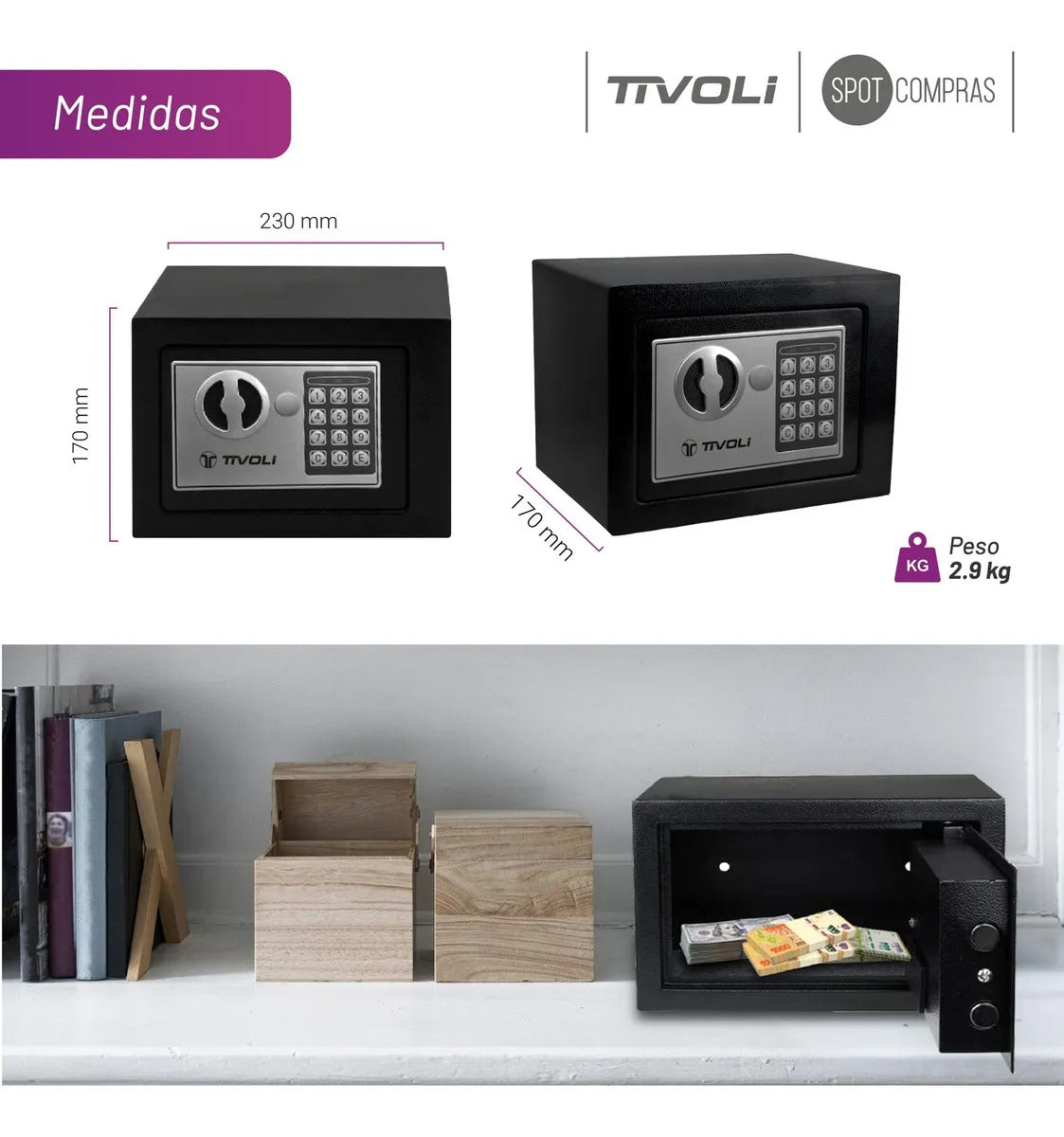 Caja Fuerte Electrónica De Seguridad Tivoli Acero Inoxidable Color Negro