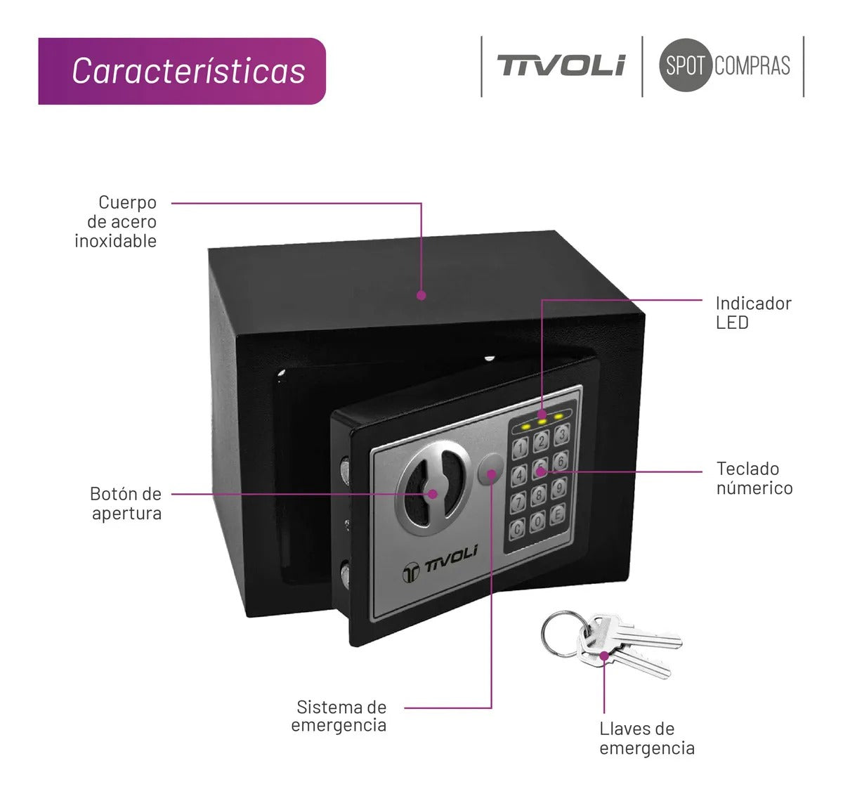 Caja Fuerte Electrónica De Seguridad Tivoli Acero Inoxidable Color Negro