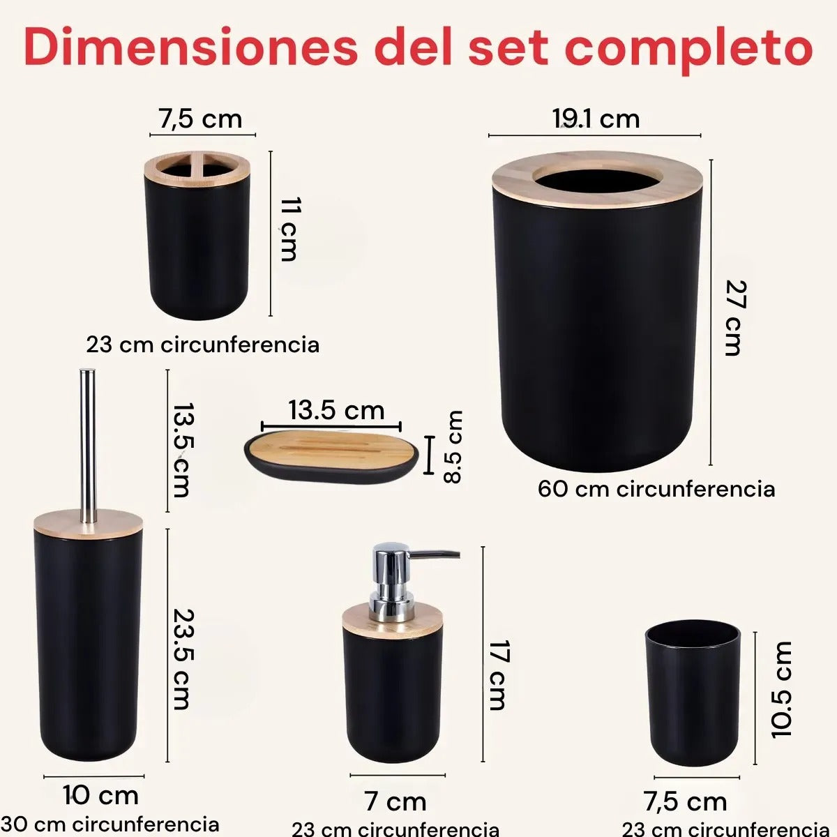Set Baño 6 Piezas Bambú Estilo Nórdico Dispenser Jabonera