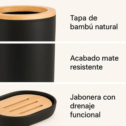 Set Baño 6 Piezas Bambú Estilo Nórdico Dispenser Jabonera