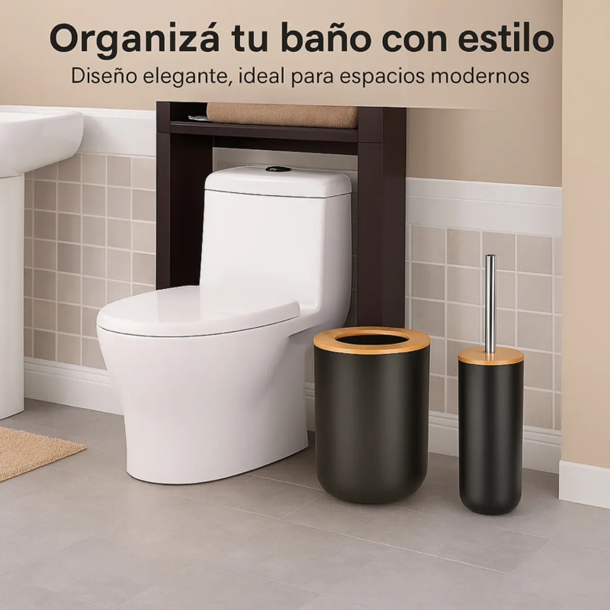 Set Baño 6 Piezas Bambú Estilo Nórdico Dispenser Jabonera