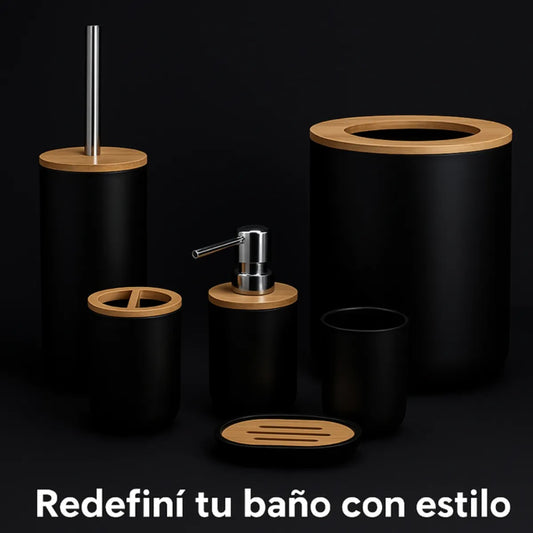 Set Baño 6 Piezas Bambú Estilo Nórdico Dispenser Jabonera