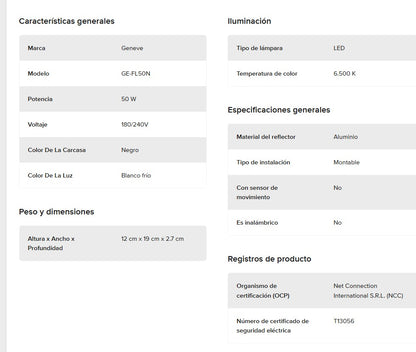 Reflector Led 50w Exterior Alta Potencia Ip66 Luz Fría