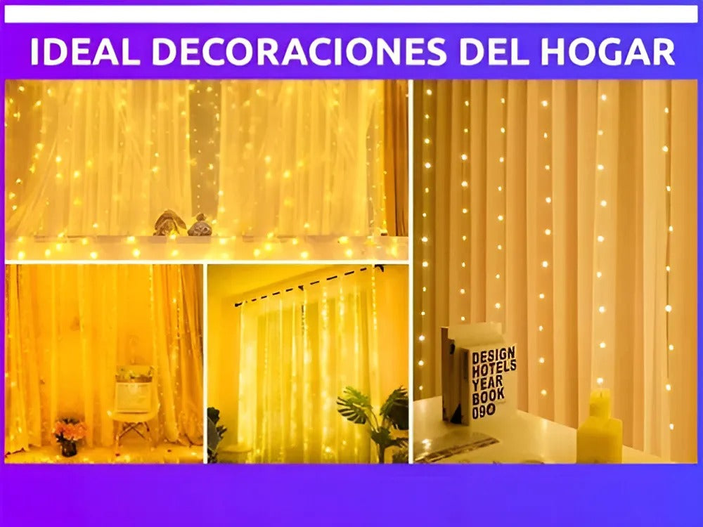 Cortina De Luces Led Navidad 3 X 3 Metros Calida 300 Led Control Remoto Y Usb Lluvia Tiras 8 Modos De Iluminación Decorativa Interior Y Exterior Decoración Fiestas, Casamientos, Fácil De Instalar.