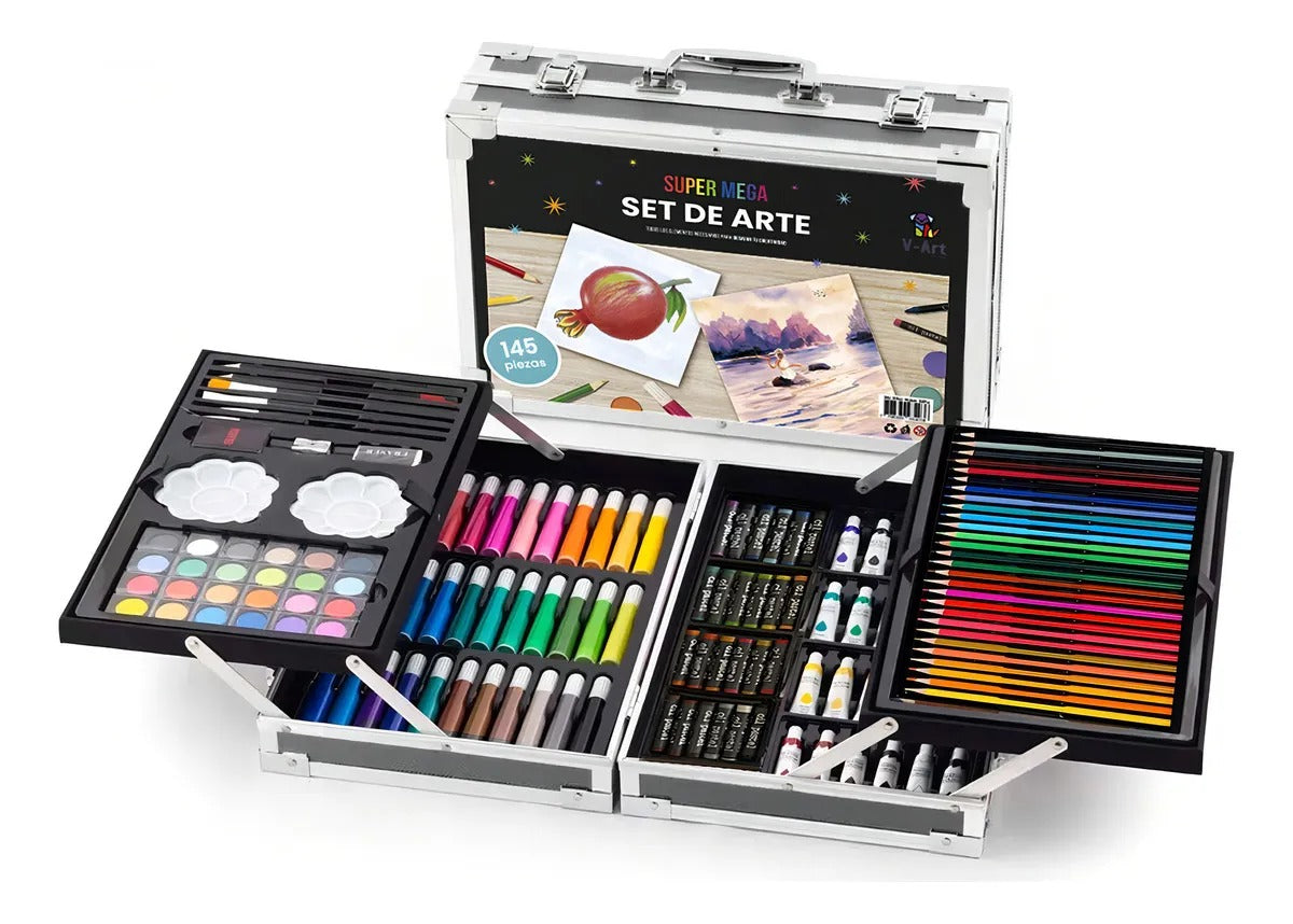 Set de arte Infantil Dibujo Fibra Maletín Metálico de 145 piezas V-Art By Vicky