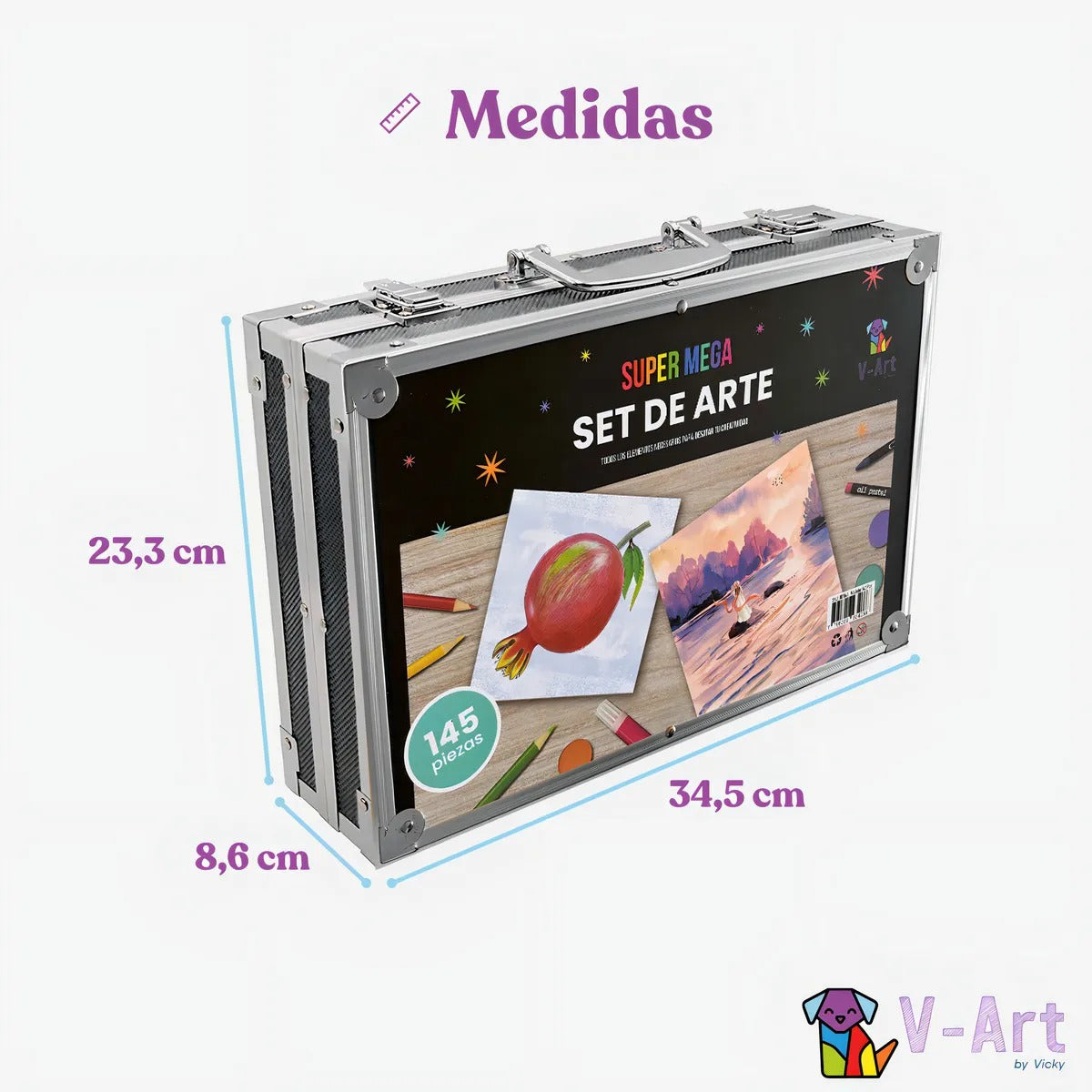 Set de arte Infantil Dibujo Fibra Maletín Metálico de 145 piezas V-Art By Vicky