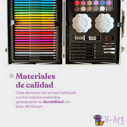 Set de arte Infantil Dibujo Fibra Maletín Metálico de 145 piezas V-Art By Vicky