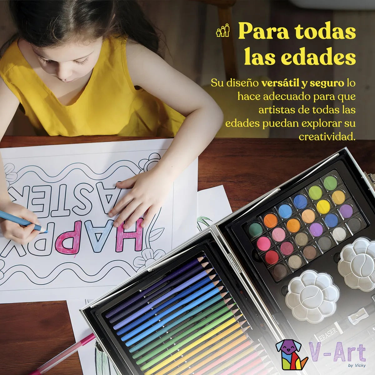 Set de arte Infantil Dibujo Fibra Maletín Metálico de 145 piezas V-Art By Vicky