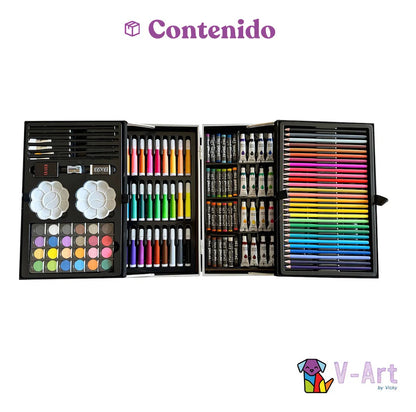 Set de arte Infantil Dibujo Fibra Maletín Metálico de 145 piezas V-Art By Vicky